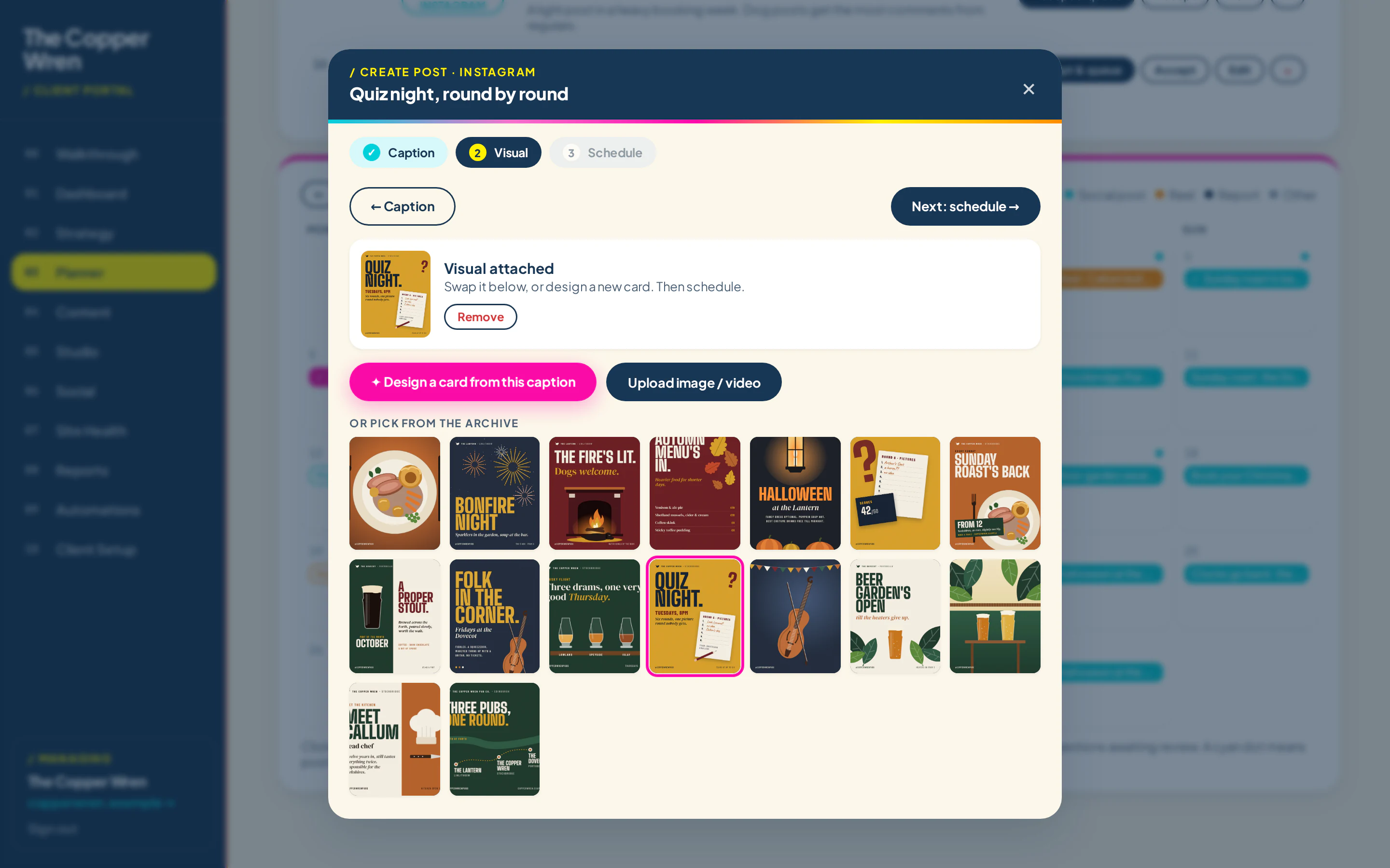 The post composer attaching a designed card to a planned post