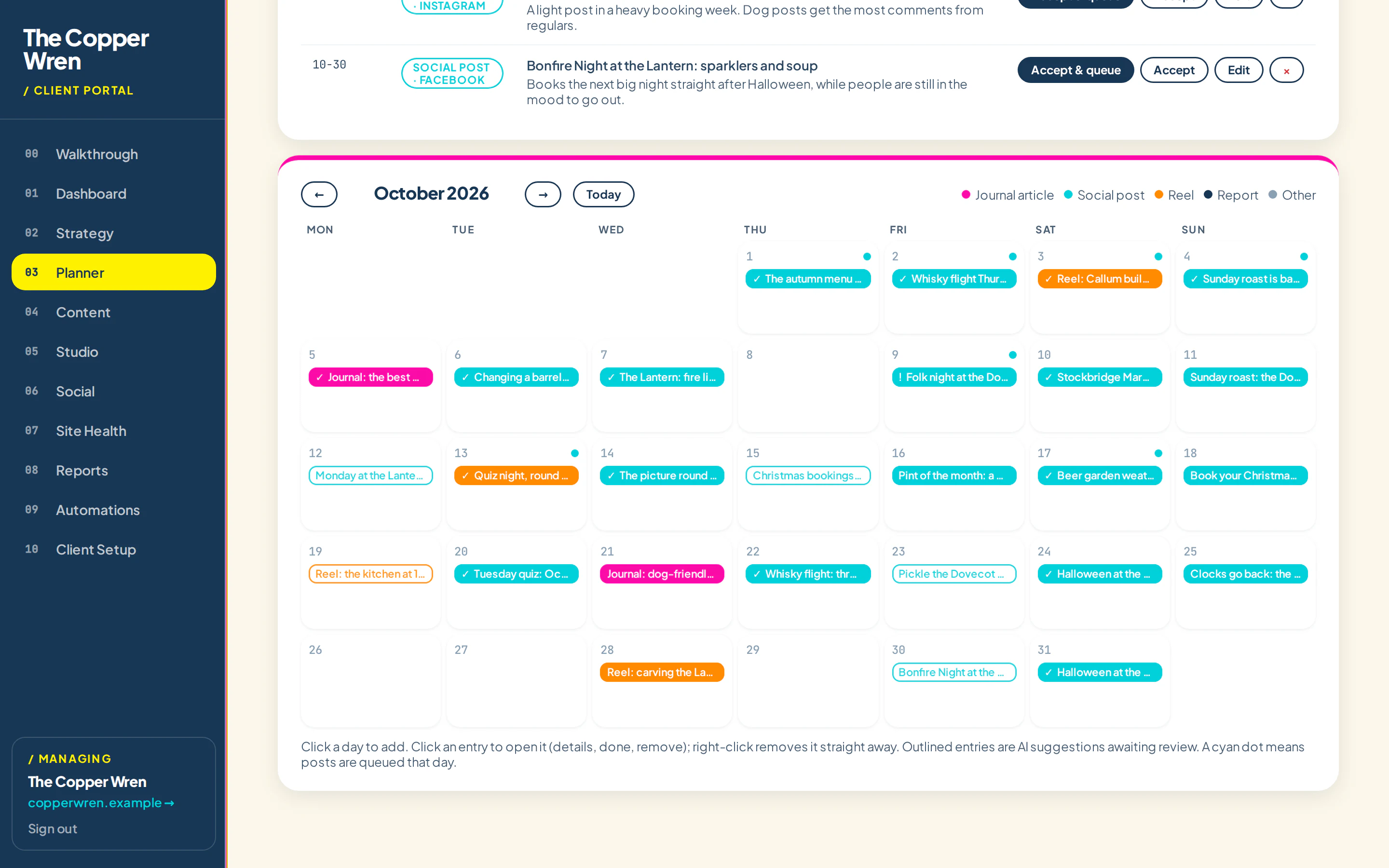 The Planner showing October for an example pub group, with posts, reels and suggestions on each day